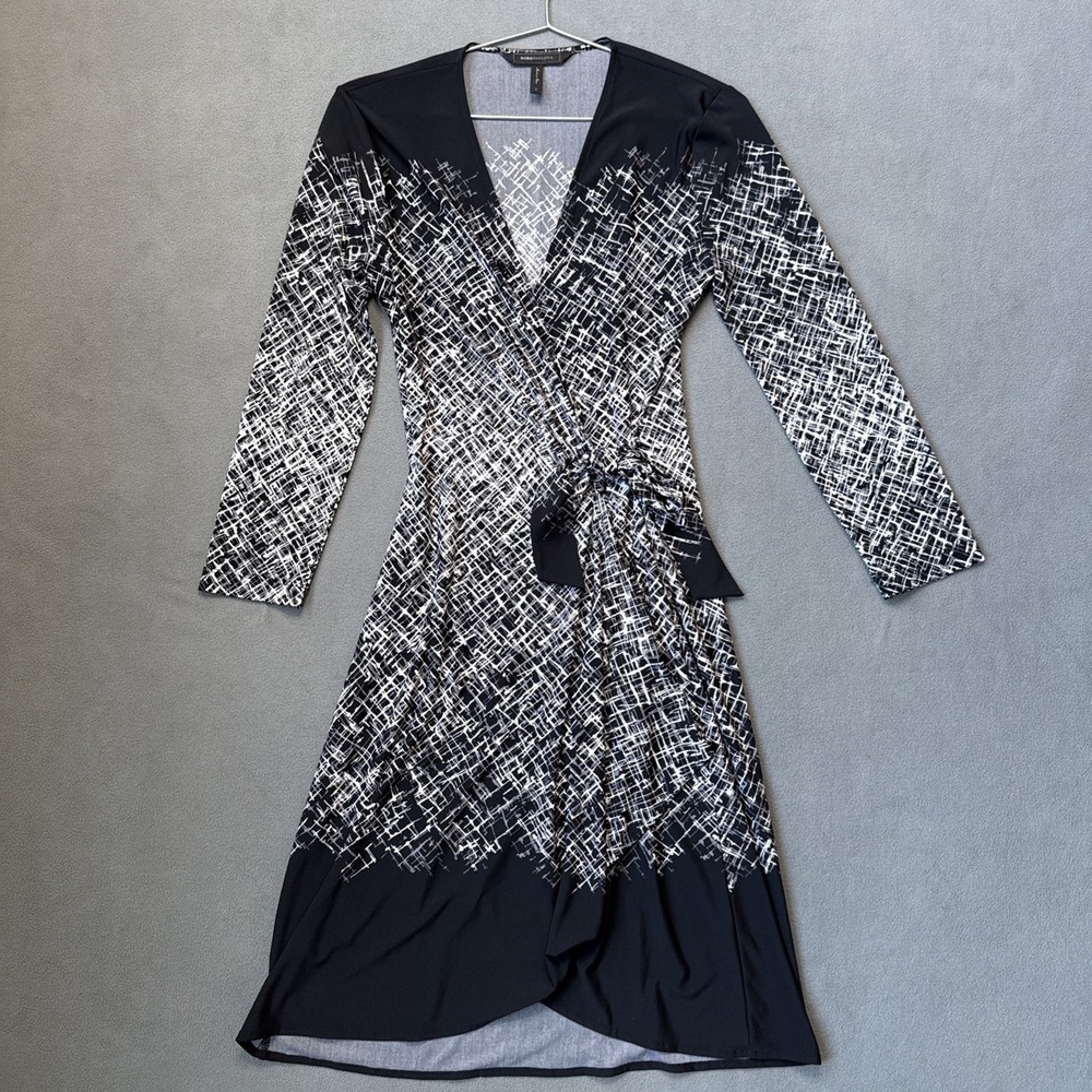 BCBGMAXAZRIA Wrap Dress Womens Small Black Adele Comb Long Sleeve V Neck Stretch